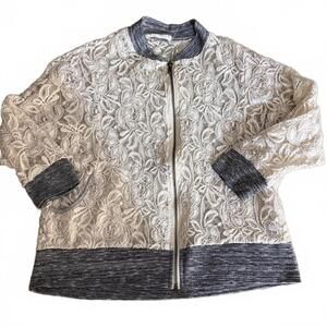 Scrapbook Lace Cardigan Cream/Gray Shrt Sleeve Zip Up Pockets SZ M Soft Girl Y2K